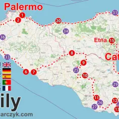 Mapa Sycylii z zaznaczonymi atrakcjami. Zobacz Palermo, Katanie, Etnę i inne miejsca, które warto zobaczyć na Sycylii.
