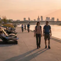 Spacer po bulwarach wiślanych w Warszawie to jedno z fajnych miejsc w Warszawie. Ludzie odpoczywają na leżakach, spacerują i jeżdżą na rowerach.
