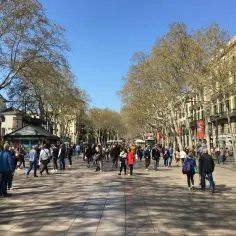 Tłum ludzi spaceruje po słynnej alei **La Rambla w Barcelonie**, otoczonej drzewami i budynkami.
