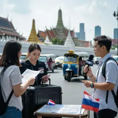 Reporter pyta turystki, czy w Tajlandii jest bezpiecznie. W tle widać świątynie i tuk-tuki.