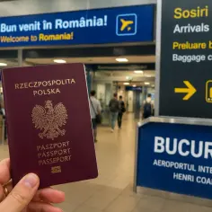 Paszport Polski w ręku na lotnisku w Bukareszcie. Czy do Rumunii potrzebny jest paszport? Tak, dla obywateli spoza UE.