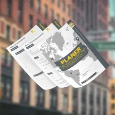Zorganizuj swoją wymarzoną podróż z planerem. Dokumenty zawierają miejsca do odwiedzenia, ważne informacje i mapę świata.