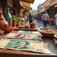 Na stole leżą banknoty, waluta Tunezji, obok miseczki z przyprawami i ziarnami. W tle widać gwarny bazar.