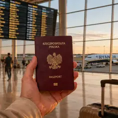 Dłoń trzyma polski paszport na tle lotniska. W tle samolot Ryanair i tablica odlotów. Czas na podróż do Czarnogóry!