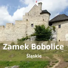 Kamienny zamek Bobolice na Jurze Krakowsko-Częstochowskiej, z wieżami i murami obronnymi, góruje nad zielonym wzgórzem.