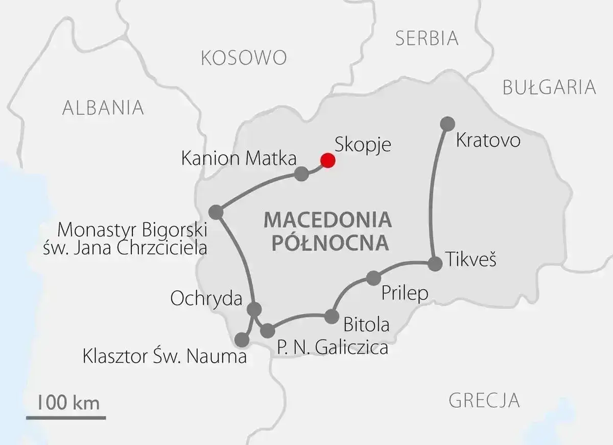 Mapa Macedonii Północnej z zaznaczonymi atrakcjami. Planujesz podróż? Sprawdź, czy do Macedonii potrzebny jest paszport.