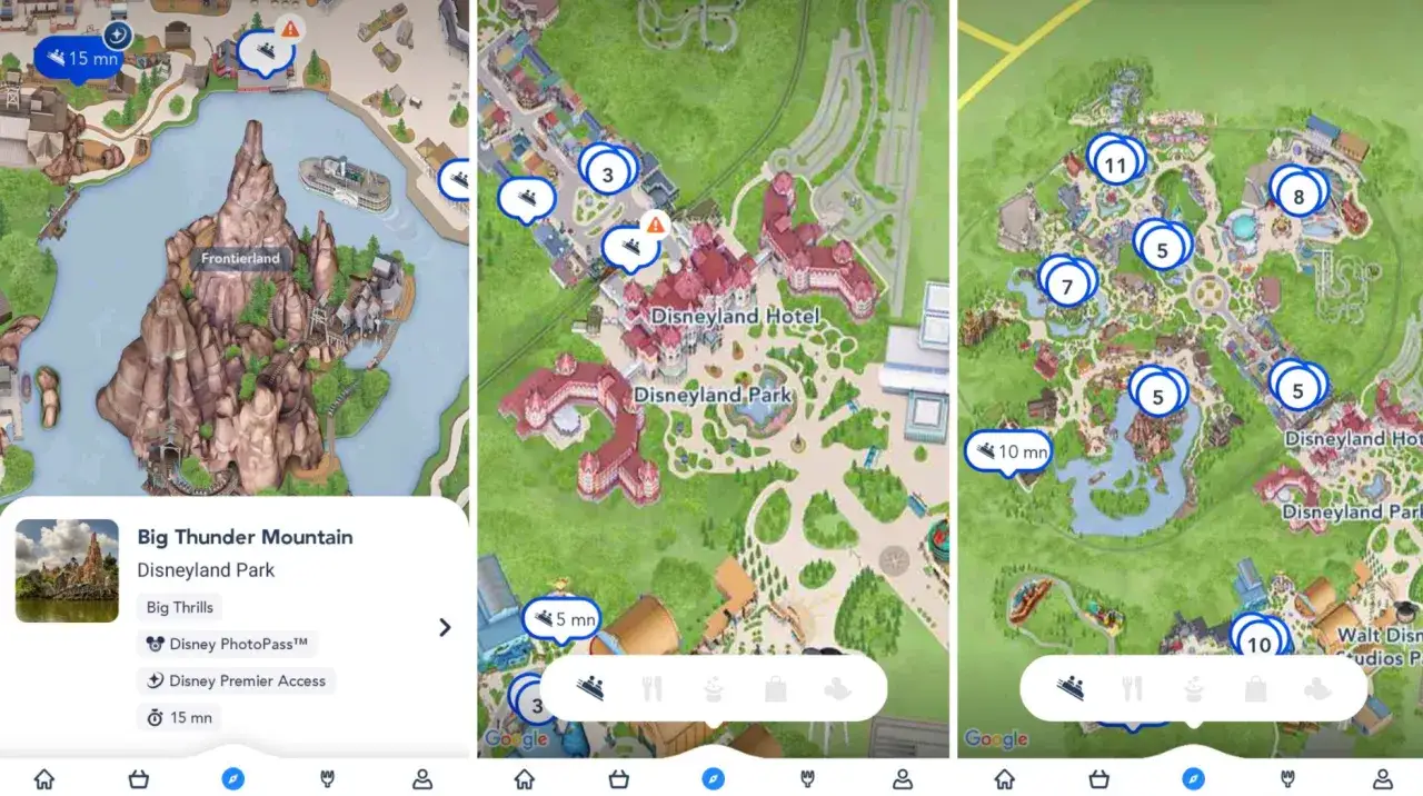 Mapy pokazują, gdzie jest Disneyland, z zaznaczonymi atrakcjami i hotelami. Widoczne są m.in. Frontierland i Big Thunder Mountain.