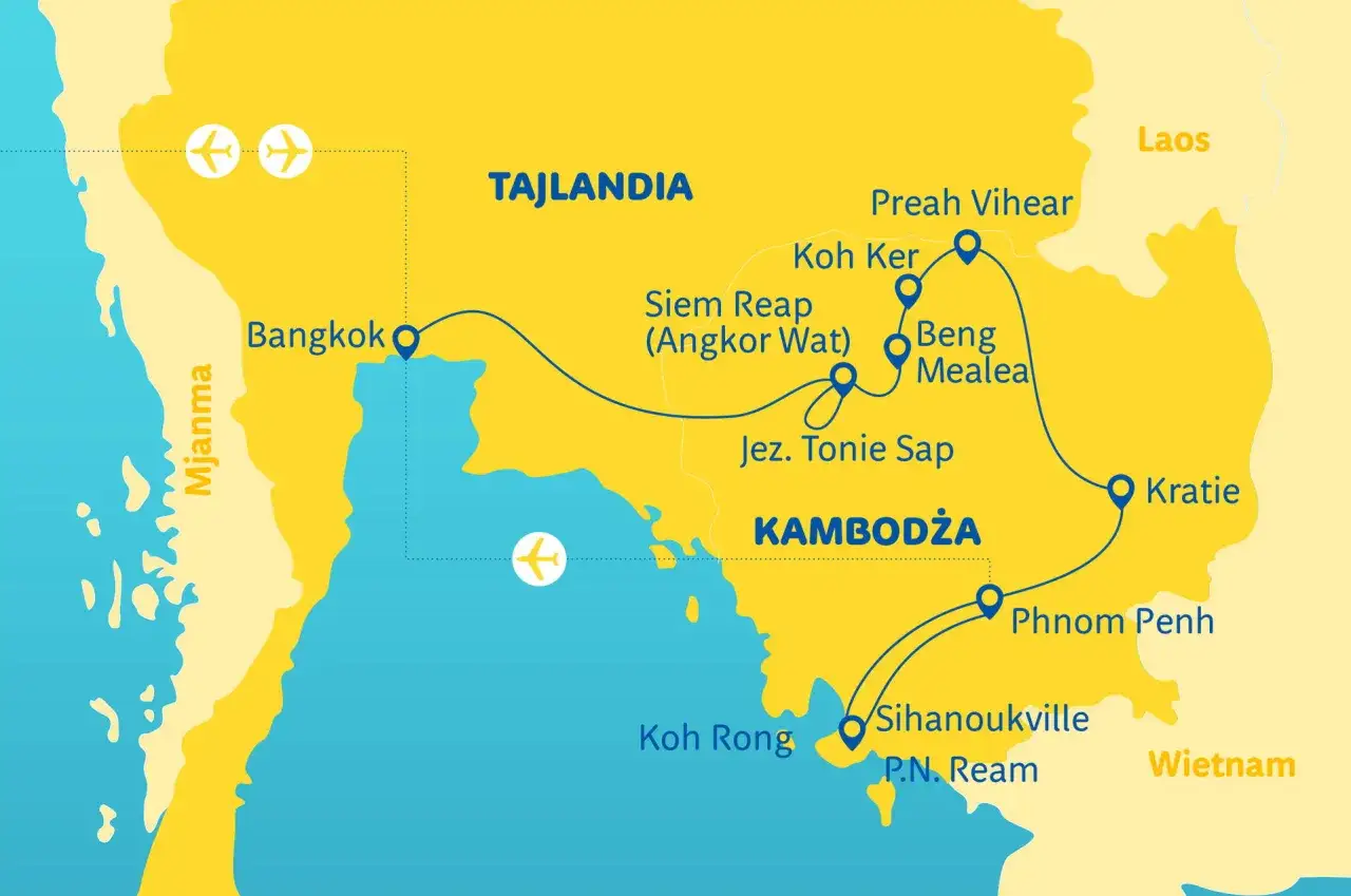 Mapa podróży po Kambodży: Bangkok, Siem Reap, Phnom Penh, wyspy Koh Rong. Idealne kambodża wakacje!