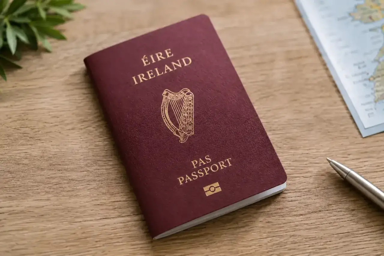 Paszport Irlandii na drewnianym stole. Planujesz podróż? Sprawdź, czy do Irlandii potrzebny jest paszport.