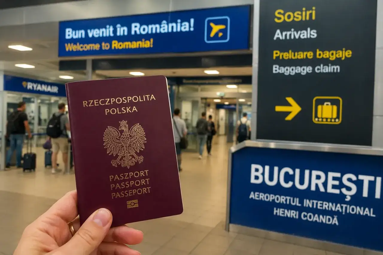 Paszport Polski w ręce na lotnisku w Bukareszcie. Czy do Rumunii potrzebny jest paszport? Tak, dla obywateli spoza UE.