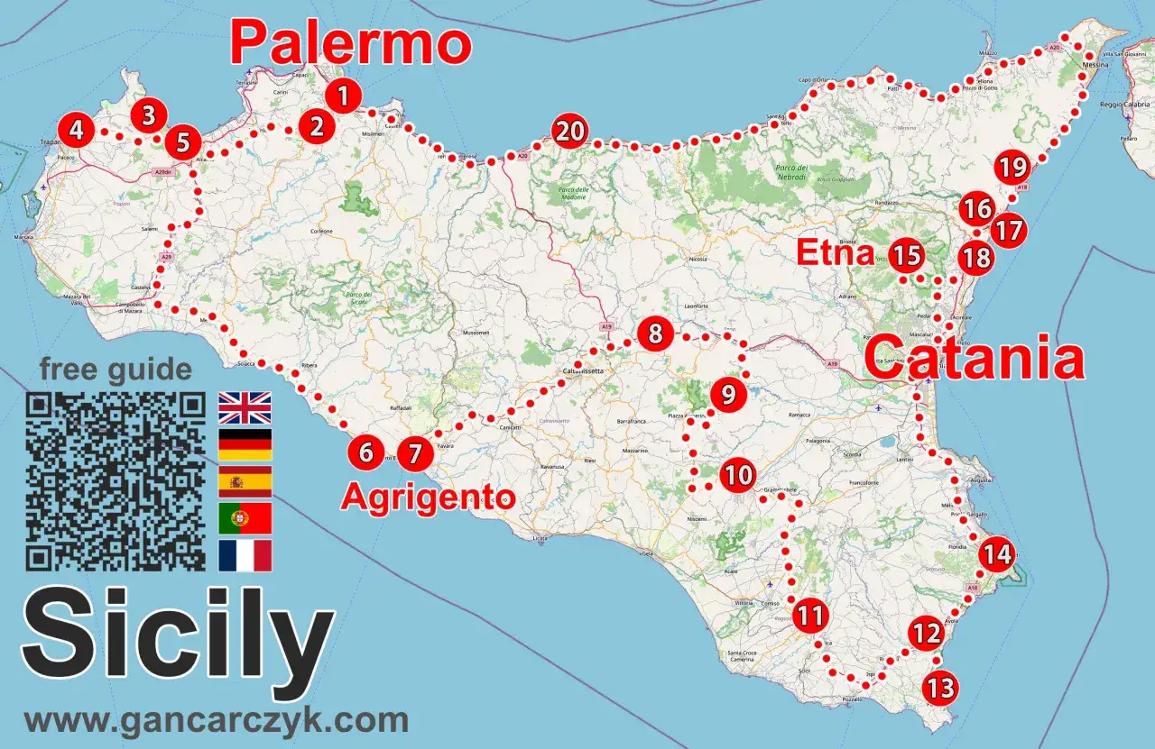 Mapa Sycylii z zaznaczonymi atrakcjami: Palermo, Etna, Katania, Agrigento. Co zobaczyć na Sycylii? Znajdź inspiracje na podróż.