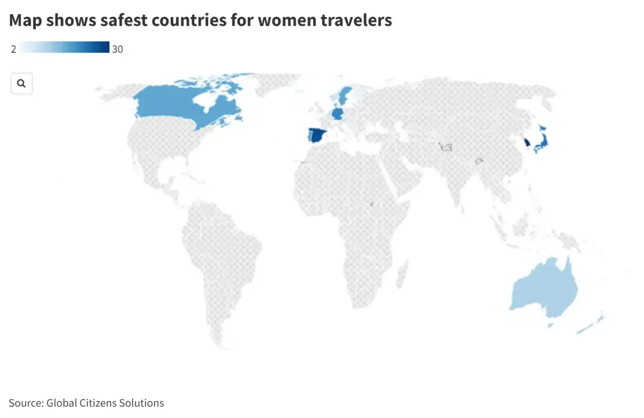 Mapa pokazuje najbezpieczniejsze kraje świata dla podróżujących kobiet. Kanada, Hiszpania, Japonia i Australia wyróżnione ciemniejszym kolorem.