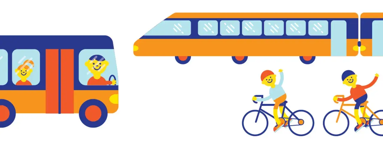 Wesołe dzieci podróżują autobusem i pociągiem, a także jeżdżą na rowerach. Bezpieczeństwo na wakacjach to podstawa!