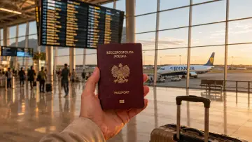 Dłoń trzyma polski paszport na tle lotniska. W tle samolot Ryanair i tablica odlotów. Czas na podróż do Czarnogóry!