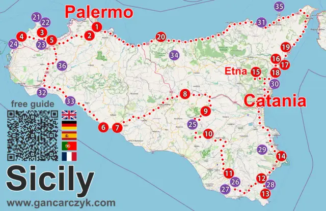 Mapa Sycylii z zaznaczonymi atrakcjami. Zobacz Palermo, Katanie, Etnę i inne miejsca, które warto zobaczyć na Sycylii.