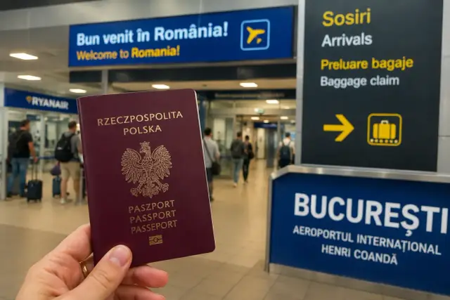Paszport Polski w ręku na lotnisku w Bukareszcie. Czy do Rumunii potrzebny jest paszport? Tak, dla obywateli spoza UE.